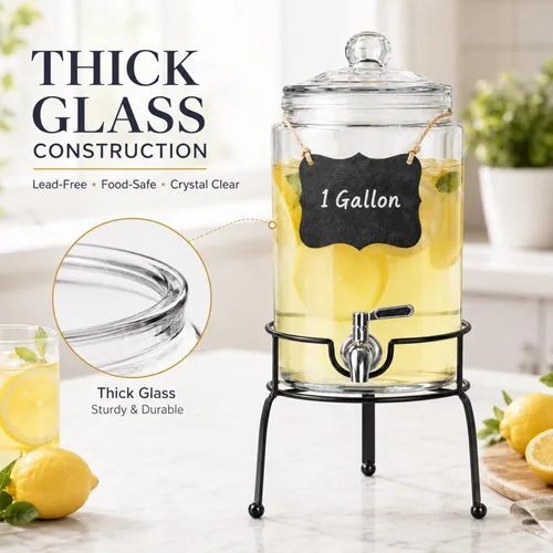Miniatura 4 de Dispensador de bebidas de 1 galón, 1 paquete, dispensador de bebidas de espita de acero inoxidable para fiestas con soporte, recipiente de vidrio