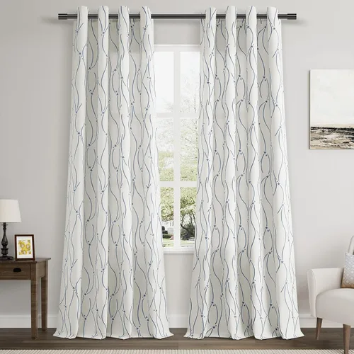 Miniatura 11 de Joywell Cortinas jacquard con ojales para sala de estar, 108 pulgadas de largo, línea ondulada negra con patrón de puntos, cortinas bordadas