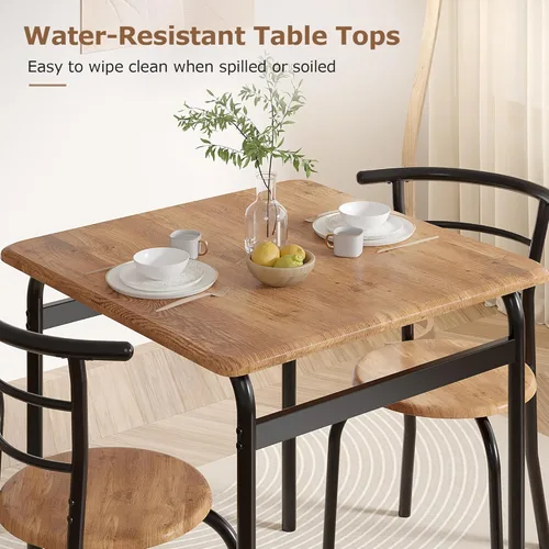Miniatura 3 de VECELO Juego de mesa y sillas de comedor de 3 piezas para 2, juego de comedor cuadrado de metal y madera para espacios pequeños, rincón de desayuno