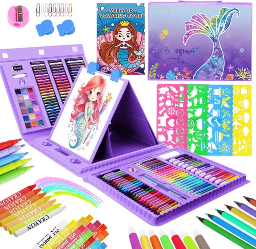 homicozy Suministros de arte para niños de 4 a 12 años, juegos de dibujo de sirenas, estuche de arte, kits para colorear con caballete triple de