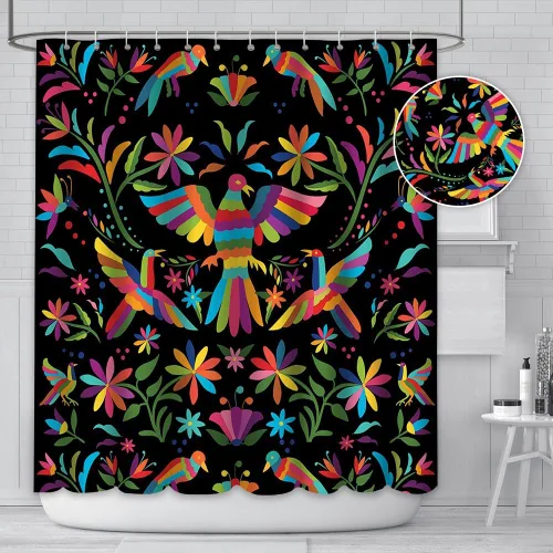 Miniatura 2 de MEHOFOND Cortina de ducha estilo otomí de 72 x 72 pulgadas para baño, estilo mexicano, tradicional, mexicano, pájaro azul, rojo y negro, tela