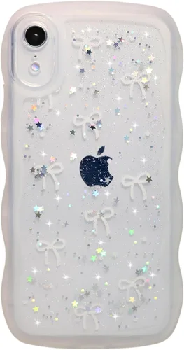 Miniatura 103 de Qokey Funda para iPhone 12 Pro Max de 6.7 pulgadas, diseño de onda rizada, borde transparente, brillante con purpurina, estrella brillante, bonita