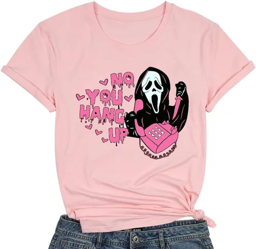 Camiseta de Halloween con texto en inglés "No You Hang Up Scary Horror Movie Halloween" para mujer, divertida camiseta de fantasma, casual, para