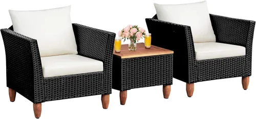 COSTWAY Juego de muebles de ratán de 3 piezas, juego de sillas de mimbre para exteriores con mesa de centro de madera de acacia y cojín lavable,
