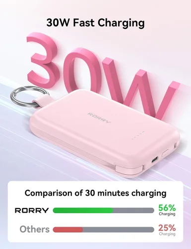 Miniatura 3 de RORRY CharmGo - Cargador portátil, 10000 mAh PD 30 W, cargador portátil de carga rápida con cables integrados, llavero de viaje para iPhone Negro