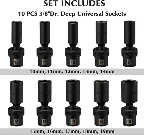 Miniatura 2 de EMENTOL 10 piezas 3/8" de profundidad Juego de enchufes de impacto universales profundos, 6 puntos, métrico, CR-MO, juego de enchufes de impacto