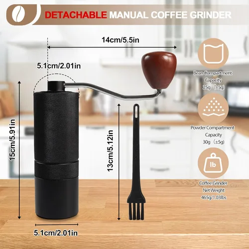 Miniatura 2 de Molinillo de café manual desmontable con rebabas cónicas de acero inoxidable de 25 niveles, molinillo portátil de grano de café de aluminio