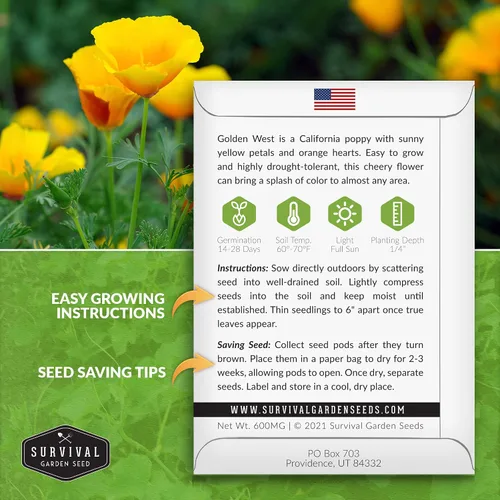 Miniatura 2 de Survival Garden Seeds Golden West California Poppy - Paquete de semillas con instrucciones para cultivar Eschscholzia Californica en tu huerto