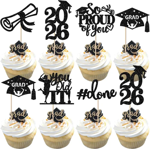 Miniatura 68 de Paquete de 24 adornos para cupcakes de clase 2025 con purpurina 2025 para diploma de graduación 2025 para cupcakes temáticos de graduación 2025
