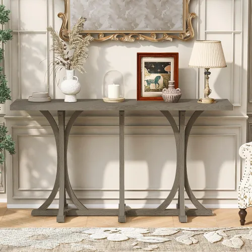 Miniatura 9 de Mesa de consola de madera de 152 cm con tapa de chapa de roble y patas curvadas delgadas de madera de goma, elegante mesa de sofá para sala
