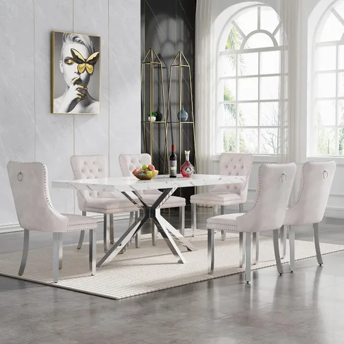Miniatura 11 de HomVent Juego de mesa de comedor rectangular para 4, juego de mesa de cocina rectangular, juego de mesa de comedor de mármol sintético, juego