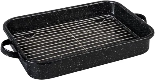 Granite Ware Bandeja abierta para asar con rejilla plana (negro moteado) - Capacidad para hasta 25 libras de aves de corral o asado.