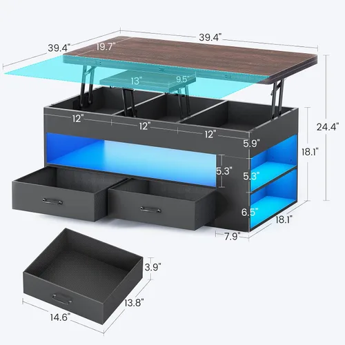 Miniatura 3 de Itaar - Mesa auxiliar con tapa elevable, mesa de centro 4 en 1 con almacenamiento y compartimento oculto, mesa de centro de estilo granja con 2