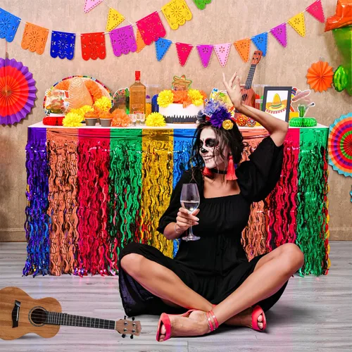 Miniatura 5 de Decoraciones de fiesta Mega-L, paquete de 2 decoraciones de fiesta de tacos Cinco de Mayo, faldas de mesa onduladas de oropel metálico con flecos