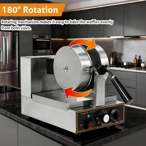 Miniatura 4 de WICHEMI Gofrera belga comercial gruesa, de hierro fundido redondo waflera giratoria, 180° Flip antiadherente Control de tiempo Temperatura ajustable