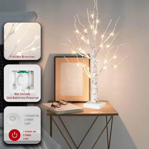 Miniatura 7 de Vanthylit - Juego de 2 árboles de abedul blancos con luces LED, árbol de mesa con temporizador, árbol de Navidad iluminado para decoración