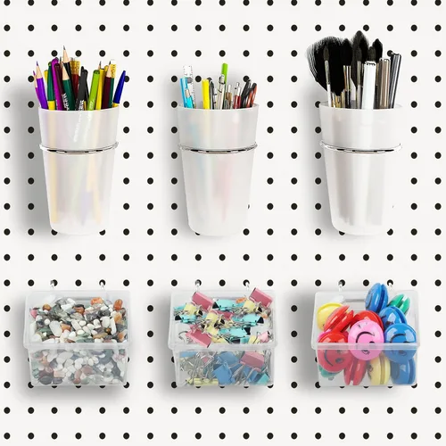 Kuhome 6 juegos de contenedores y tazas para tablero de clavijas con ganchos, cestas de accesorios para tablero de clavijas, ganchos para portavasos