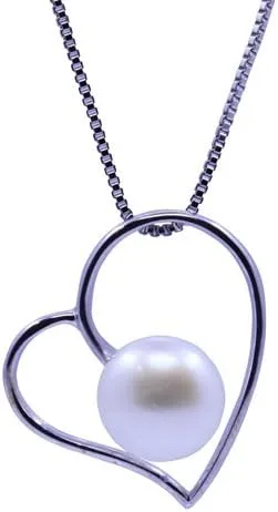 Colgante de perlas cultivadas en agua dulce con forma de corazón, color blanco, 0.335 0.354in, plata con chapado en rodio y cadena de plata de ley