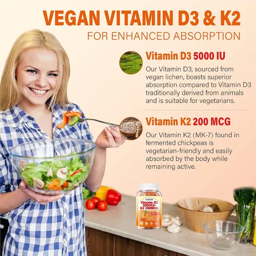 Miniatura 3 de Paquete de 2 gomitas de vitamina D3 K2 para adultos, vitamina D3 sin azúcar, 5000IU + K2(MK-7) Suplemento de 200 mcg con complejo de vitamina B