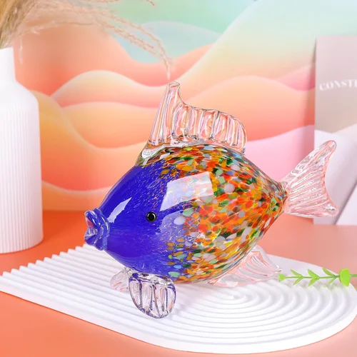 Miniatura 7 de Colorida figura de pez de vidrio soplado – Escultura de animales de arte azul para decoración del hogar en la costa del océano, adorno de pez