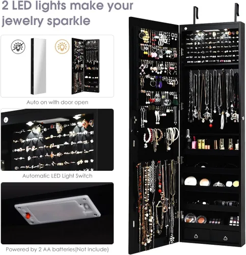 Miniatura 4 de Giantex Armario de joyería para puerta de pared con espejo de longitud completa 2 LED con cerradura grande organizador de joyas con espejo ancho
