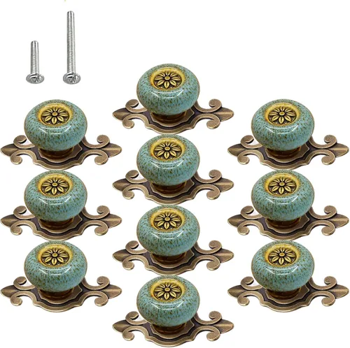 Miniatura 8 de HUAMULAN Paquete de 10 Pomos de Cerámica Retro, Tiradores Vintage para Cómoda Cocina con Pétalos para Gabinete, Base de Aleación de Zinc, Placa