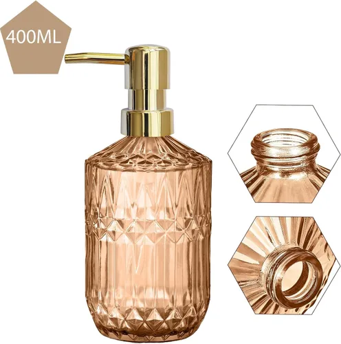 Miniatura 3 de 14Oz Gold Pump Glass Soap Dispenser, Amber Diamond Design Countertop Refillable Liquid Bottle Hand Dish Lotion Dispenser with Plastic Pump, for