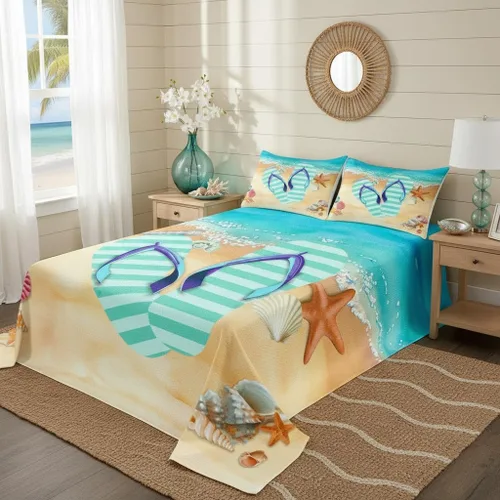 Juego de ropa de cama de 3 piezas a rayas para mujer, ropa de cama ligera con diseño de conchas de estrella de mar, juego de colcha de verano fresco