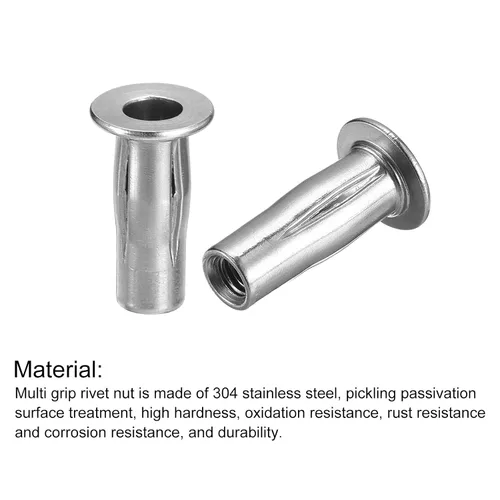 Miniatura 4 de uxcell Tuercas de remache M5 multiagarre, 5 piezas de vástago preabombado, cabeza plana, tuerca de inserción roscada de acero inoxidable 304 más