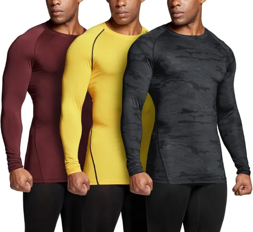 TSLA - Paquete de 1 o 3 camisas de compresión de manga larga FPU 50+ para hombre, camisa de entrenamiento atlético, protector de erupción para