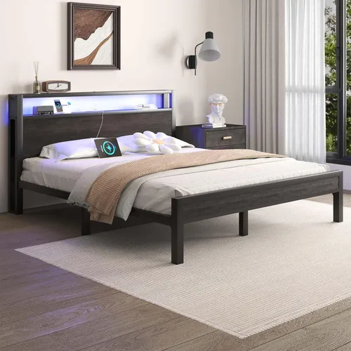 Miniatura 3 de LOEWAY Base de cama tamaño Queen con cabecera de almacenamiento y luces LED, cama plataforma industrial con estación de carga, listones de metal Gris