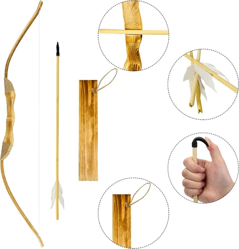 Miniatura 4 de Basbon Juego de arco y flecha de madera, arco de madera de 40 pulgadas hecho a mano y flecha para cosplay, juego de arco, 1 arco, 1 carcaj y 5
