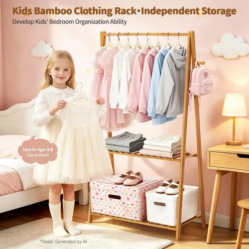 Miniatura 2 de Percheros Pequeños para Colgar Ropa, Percheros de Bambú para Prendas de Niños, Perchero Independiente para Vestidos y Trajes para Dormitorio, Sala