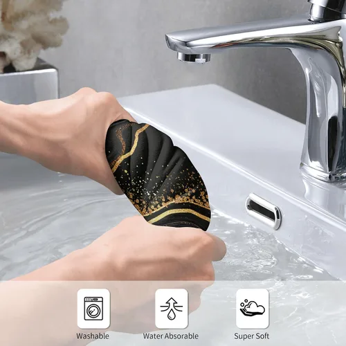 Miniatura 5 de Juego de 2 toallas de mano de baño con textura de mármol, suaves, absorbentes, negras y doradas, toallas decorativas para baño, cocina, deportes
