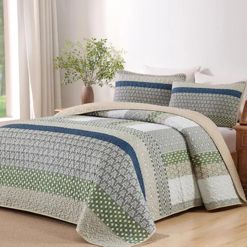 Miniatura 9 de WONGS BEDDING Juego de edredón beige tamaño individual, juego de edredón de rayas bohemias de 3 piezas, juego de colcha acolchada de microfibra