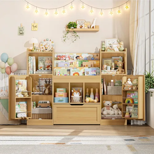 Miniatura 9 de FOTOSOK Organizador de almacenamiento de juguetes con 2 puertas y cajón móvil, organizadores de juguetes de 55.2 pulgadas de ancho y almacenamiento