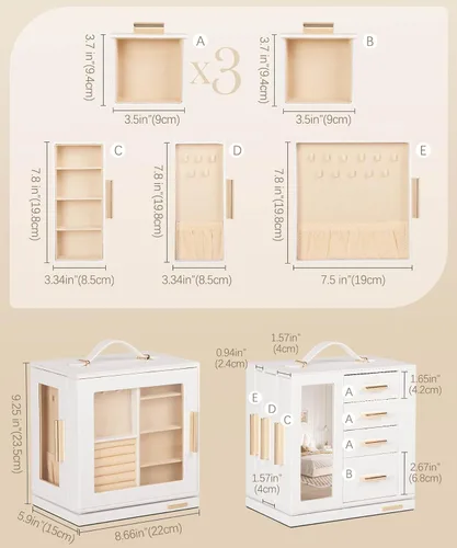 Miniatura 6 de Homde Joyero de regalo de Navidad con rotación de 360, organizador de aretes y collar con ventana transparente, espejo, 7 cajones, estuche