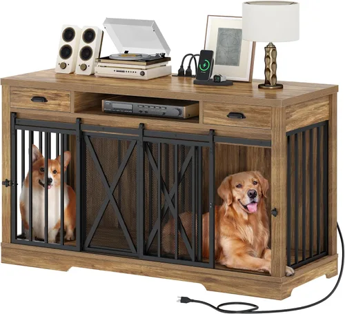 Miniatura 10 de DWVO Muebles de jaula doble de 60 pulgadas para 2 perros, soporte de TV de jaula de perro de madera resistente con divisor removible y cajones
