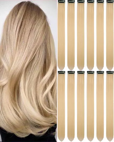 Miniatura 23 de 12 extensiones de cabello negro con clip, extensiones de cabello de color de 22 pulgadas, extensiones de cabello sintético largo y lacio para mujer
