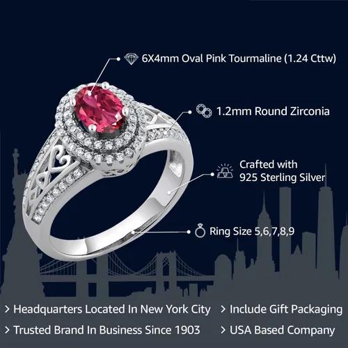 Miniatura 40 de Anillo de compromiso con halo de piedra preciosa y piedra natal en plata chapada en oro amarillo de 18 quilates, ovalado, 0.236 x 0.157 pulgadas