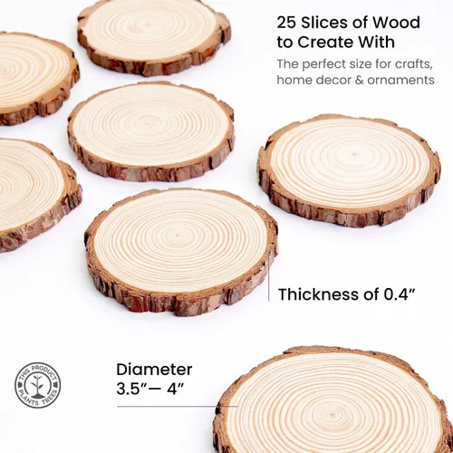 Miniatura 3 de ARTEZA Rebanadas de madera natural, 3.5-4 pulgadas de diámetro, juego de 25, discos de madera de pino redondo marrón con corteza para manualidades