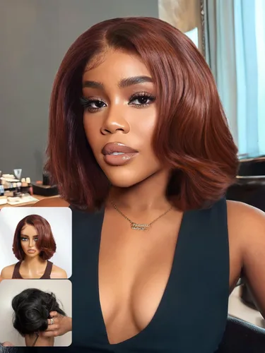 Miniatura 19 de Nadula Peluca Bob Recta Yaki Degradado Marrón Castaño con Cordón de Cabello Humano - Sin Pegamento Precortada 13X4 HD Pre Todo Peluca Frontal