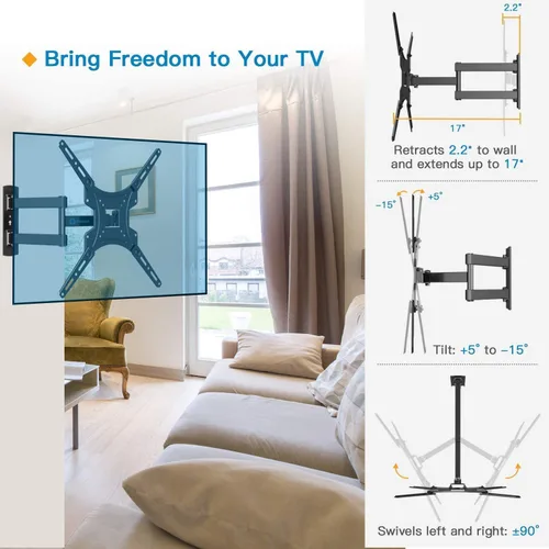 Miniatura 4 de Soporte de pared para TV de movimiento completo, brazos articulados, extensión de inclinación para la mayoría de televisores de pantalla plana LED