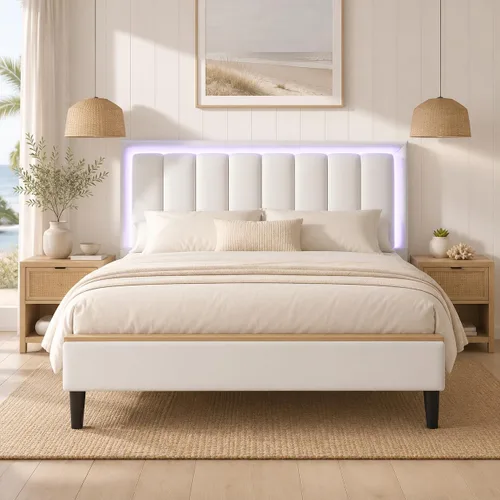 Miniatura 7 de IMMERSTABLE Marco de cama tamaño completo, marco de cama tapizado con luces LED, cama de plataforma con cabecero, soporte de listones de madera