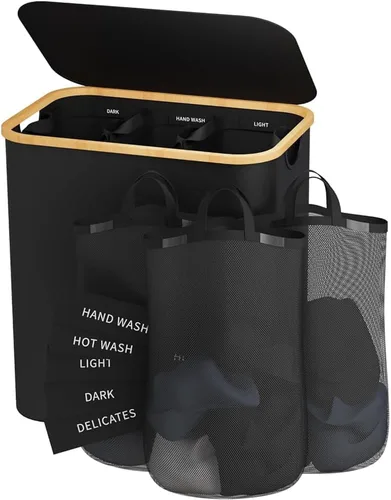 Miniatura 9 de Cesto para ropa sucia de 3 secciones, 145L cesto para ropa sucia con tapa, organizador de cesta de lavandería extragrande con bolsas interiores Beige