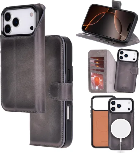 Miniatura 12 de Bayelon Funda tipo cartera para iPhone 15 Pro Max, de cuero de grano completo, cubierta abatible magnética desmontable, tarjetero, funda tipo Marrón
