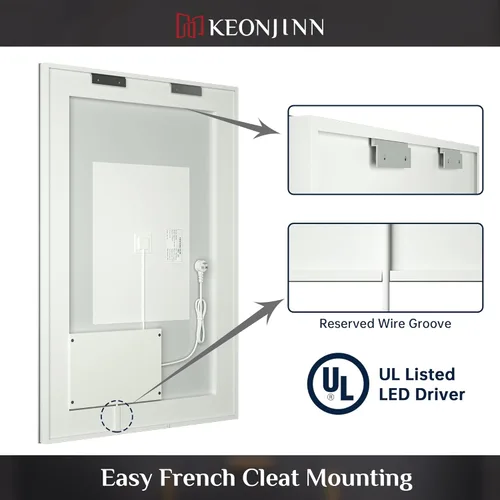 Miniatura 6 de Keonjinn Espejo LED para baño de 39.76 x 24.01 pulgadas, espejo de baño frontal y retroiluminado con luces, vidrio templado HD, 3 luces