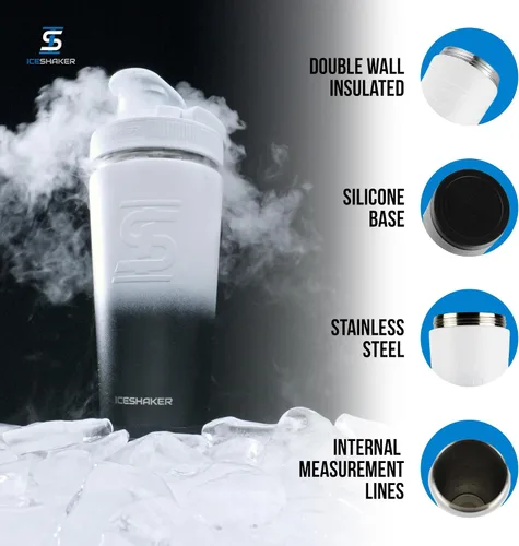 Miniatura 2 de Ice Shaker Botella Agitadora de Acero Inoxidable 26 oz, Negro/Blanco Se Mantiene Fría por Más de 30 Horas Vaso Aislado con Agitador de Rosca