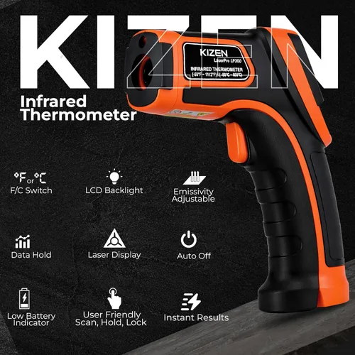 Miniatura 10 de Kizen LaserPro LP300 - Termómetro infrarrojo sin contacto, pistola de temperatura láser digital con pantalla LCD -58.0 °F ~ 1,112.0 °F, emisividad