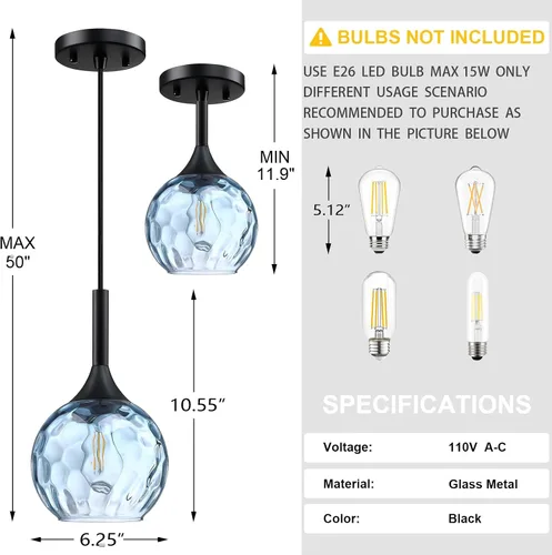 Miniatura 2 de Lámpara colgante de barra de vidrio azul con textura de 6.3 pulgadas, paquete de 3 lámparas colgantes de techo con acabado negro, moderna casa